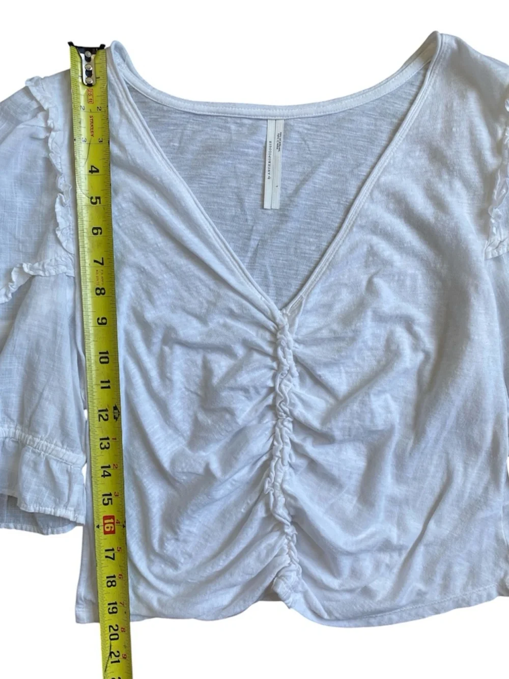 Anthropologie White Ruched V-Neck Puff Sleeve Cotton Blouse Top Size L